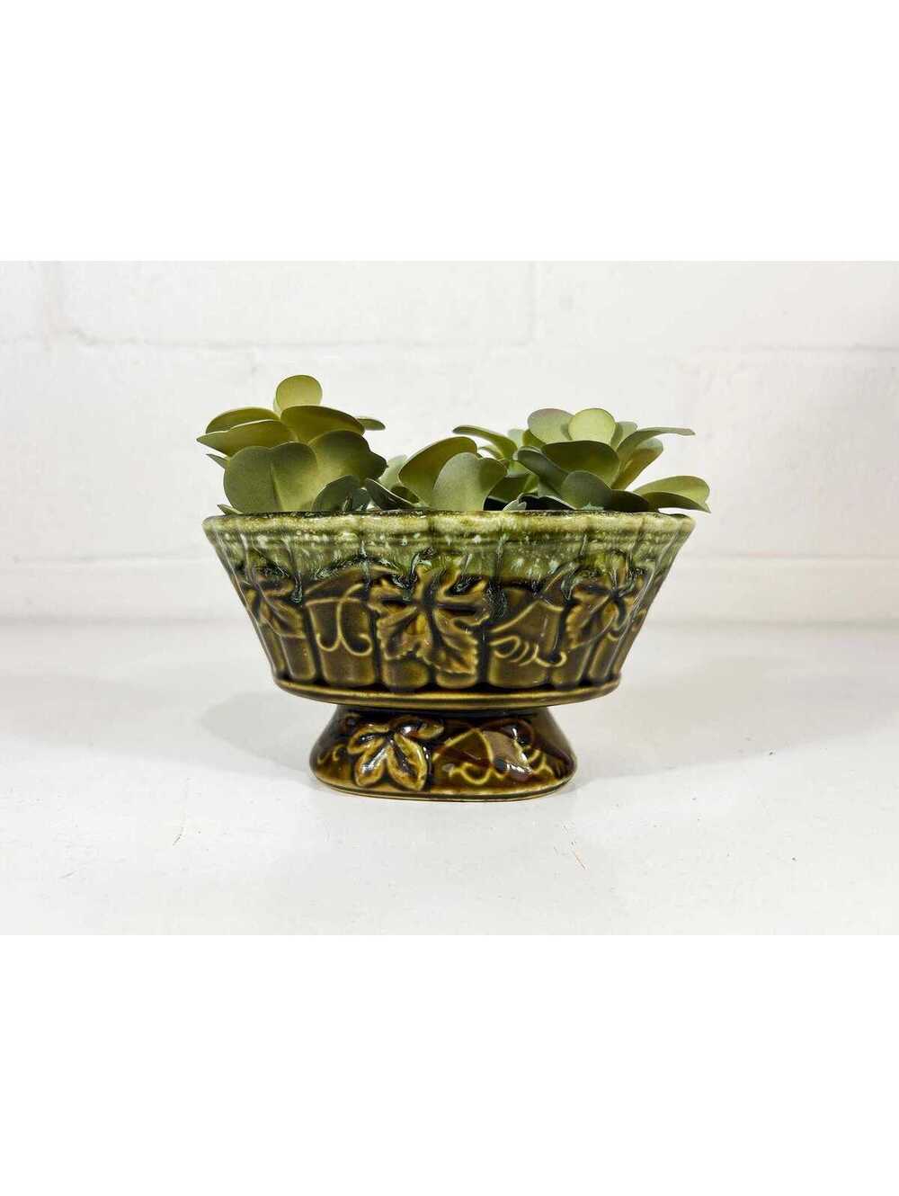 Green Pedestal Planter Leaves Vines  Pottery Pot  1950s 1960s